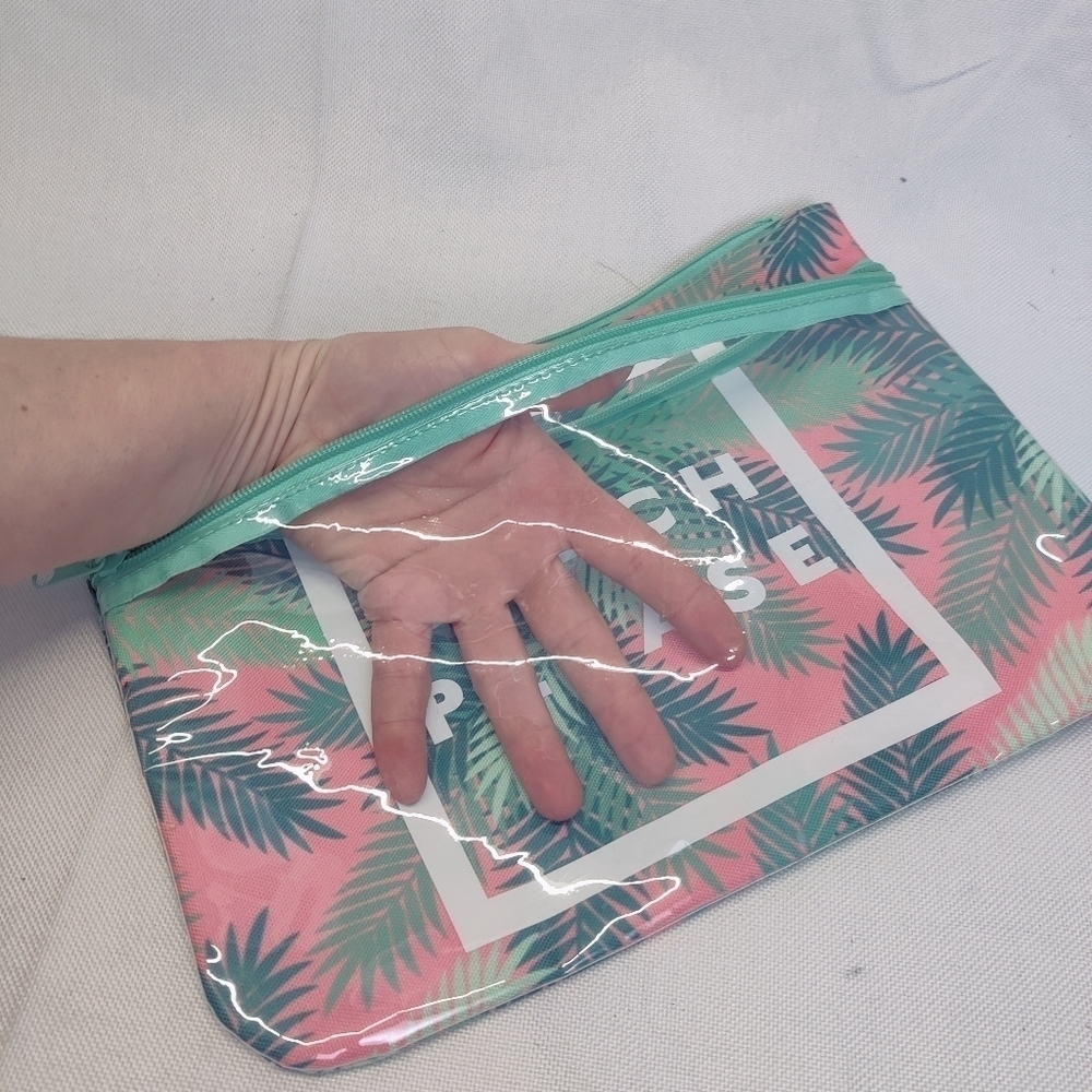 "Beach Please" Makeup Bag Palm Tree Leaf Pink Canvas Zipper Top & Clear Pocket - Picture 6 of 12